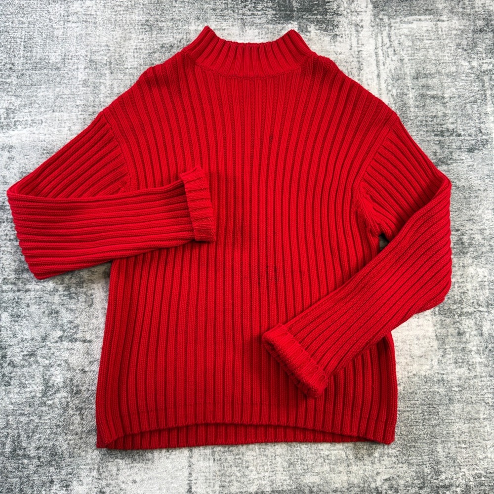 Vintage GAP Sweater Large Red Chunky Ribbed Cotton Mock Neck Fisherman Holiday